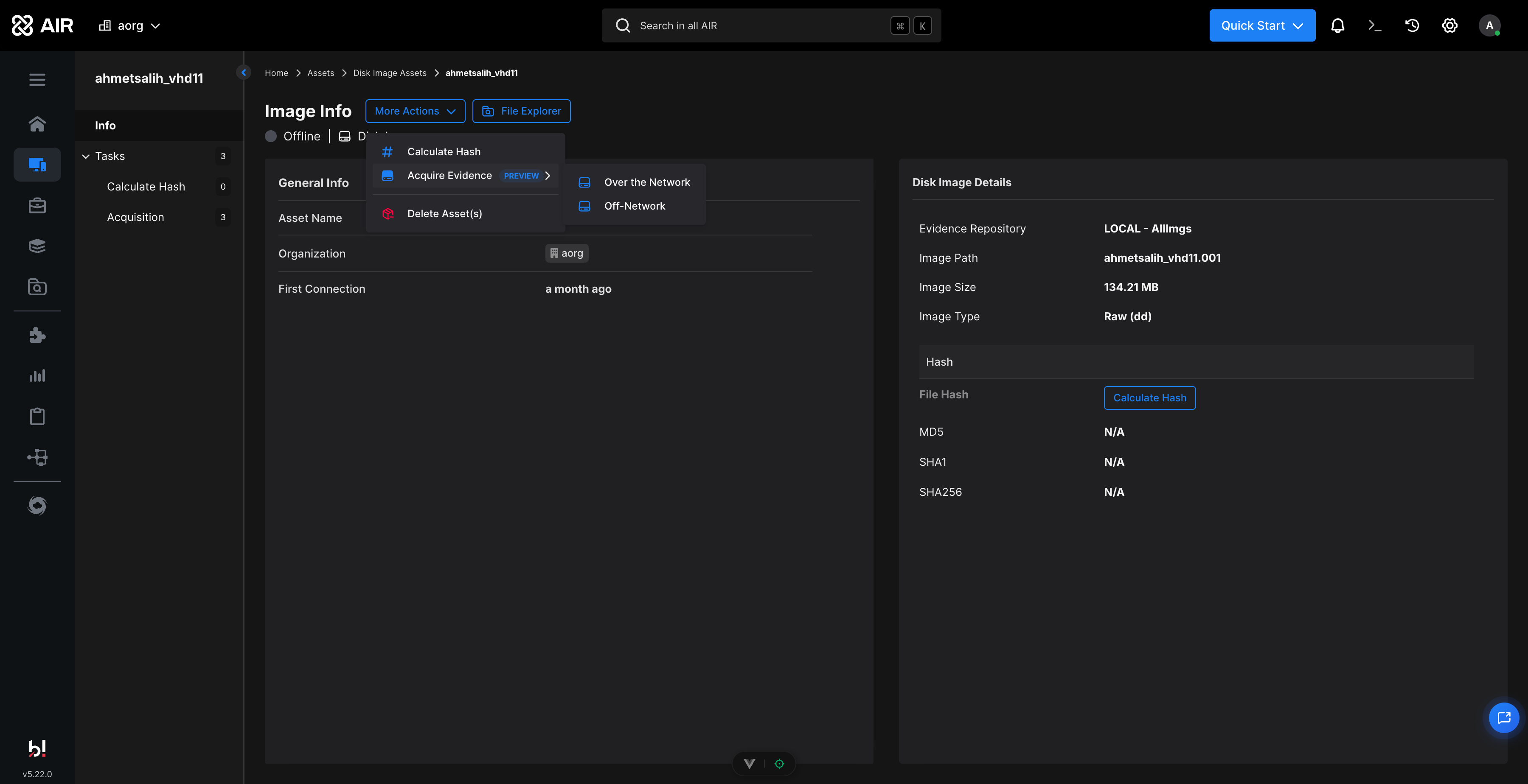 More Actions menu on a disk image asset showing Over the Network and Off-Network